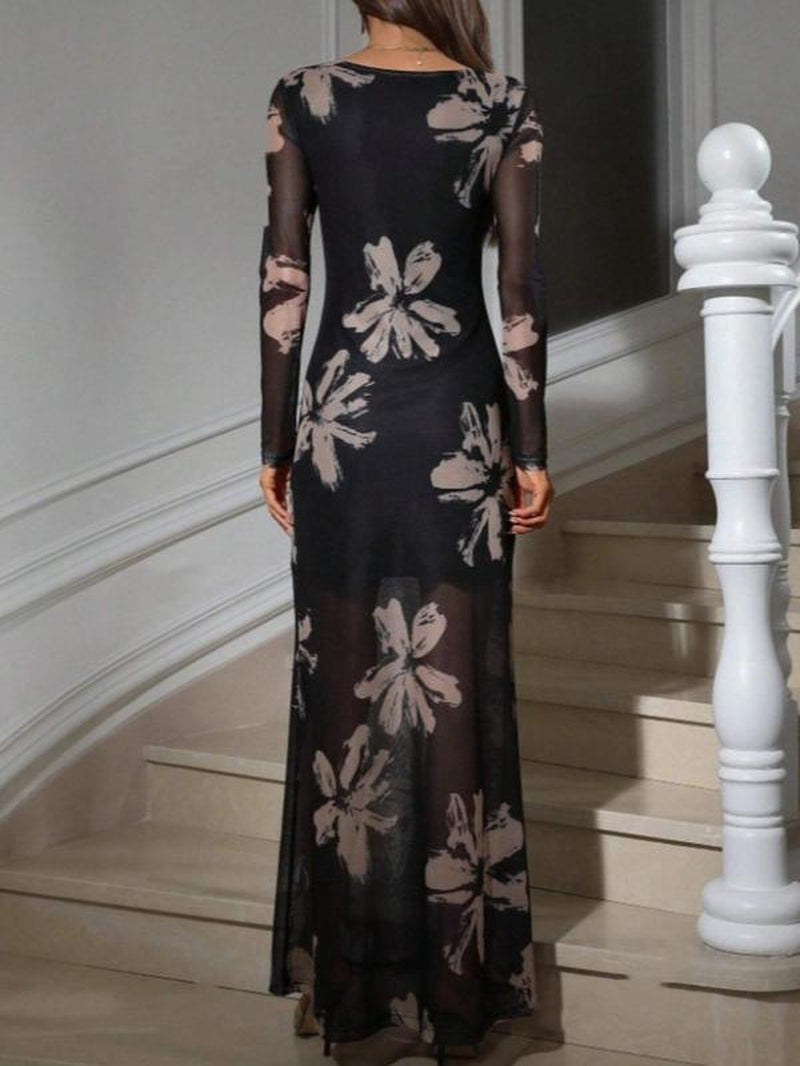 Women'S Floral Print Mesh Dress, Elegant Long Sleeve Dress for Party Holiday Wedding Guest, Ladies Spring & Fall Clothes