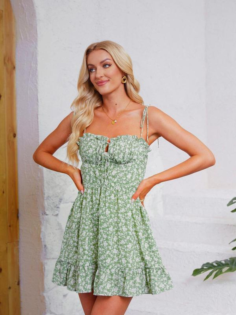 Women'S Ditsy Floral Print Square Neck Cami Dress, Chic Elegant Fashion Casual Tie Shoulder Dress for Daily Outdoor Wear, Dresses for Women, Ladies Dress for All Seasons, Slip Dress, Summer Clothes