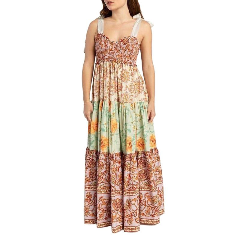 Women Cami Dress Floral Print Tie-Up Shoulder Straps Sleeveless Dress Long Dress Summer Big Swing A-Line Dress