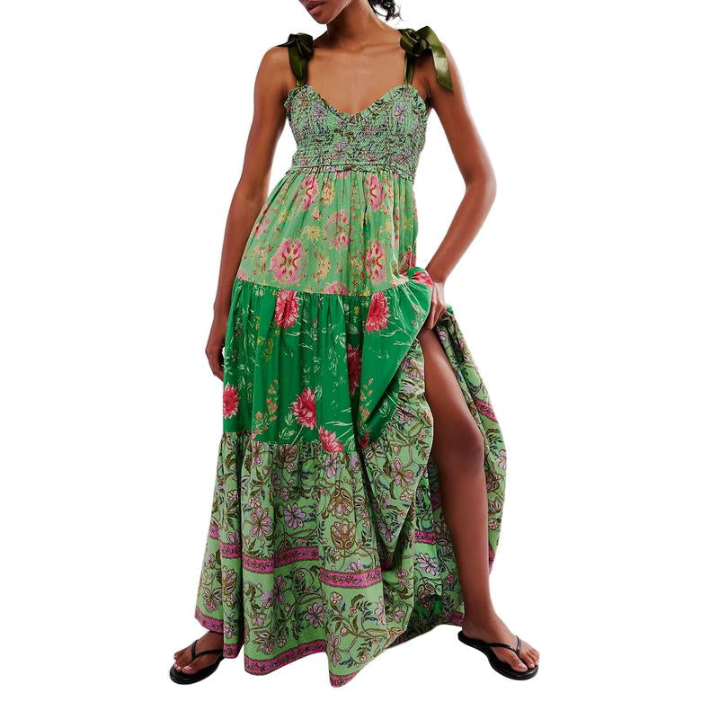 Women Cami Dress Floral Print Tie-Up Shoulder Straps Sleeveless Dress Long Dress Summer Big Swing A-Line Dress