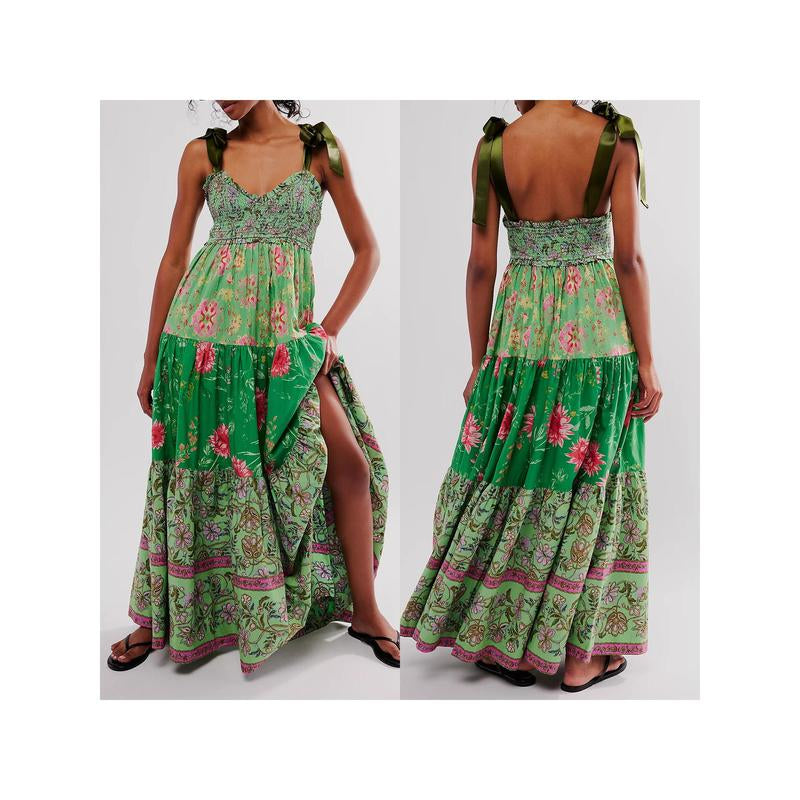 Women Cami Dress Floral Print Tie-Up Shoulder Straps Sleeveless Dress Long Dress Summer Big Swing A-Line Dress