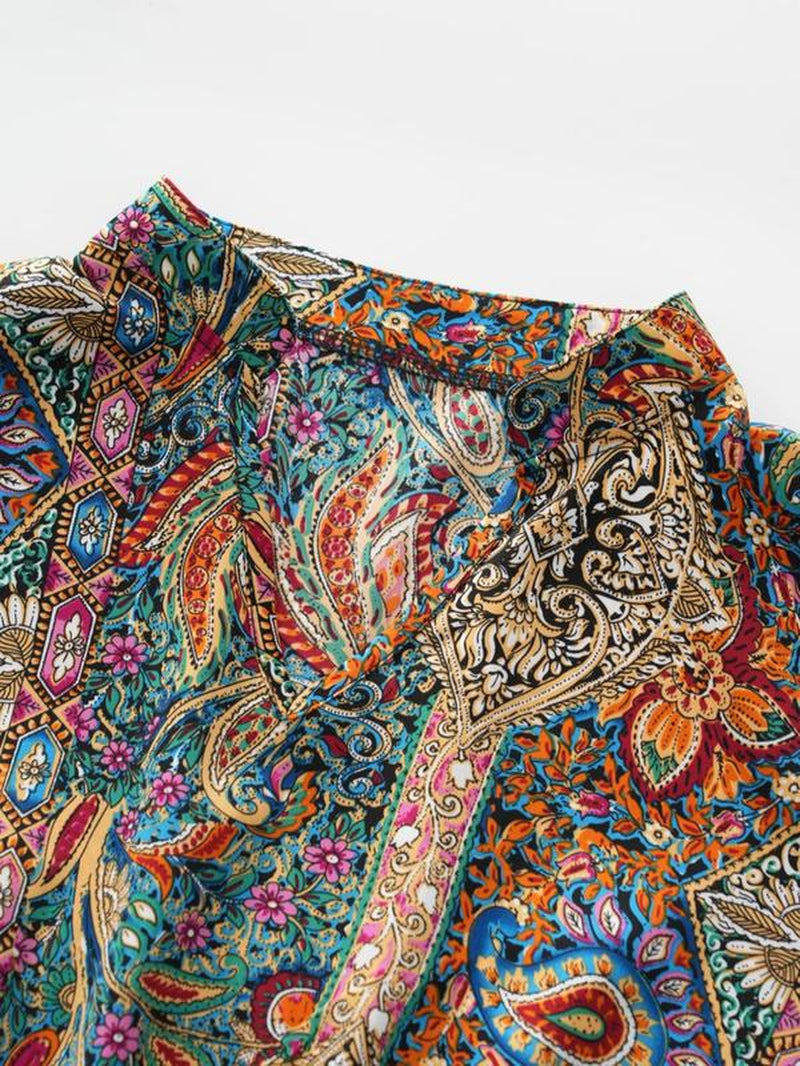 【Plus Size】 Ethnic Paisley Print Belted Dress, Boho Notched Neck Short Sleeve Dress for Beach Holiday Vacation, Women'S Clothes for Summer, Summer Dresses