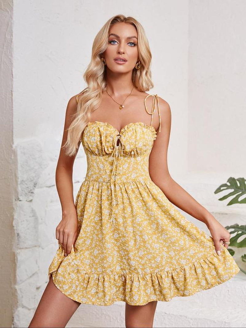 Women'S Ditsy Floral Print Square Neck Cami Dress, Chic Elegant Fashion Casual Tie Shoulder Dress for Daily Outdoor Wear, Dresses for Women, Ladies Dress for All Seasons, Slip Dress, Summer Clothes