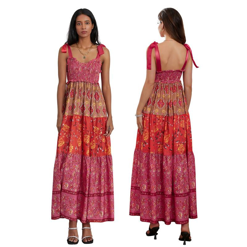 Women Cami Dress Floral Print Tie-Up Shoulder Straps Sleeveless Dress Long Dress Summer Big Swing A-Line Dress