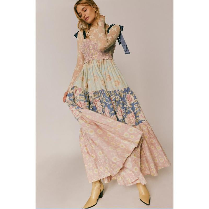 Women Cami Dress Floral Print Tie-Up Shoulder Straps Sleeveless Dress Long Dress Summer Big Swing A-Line Dress