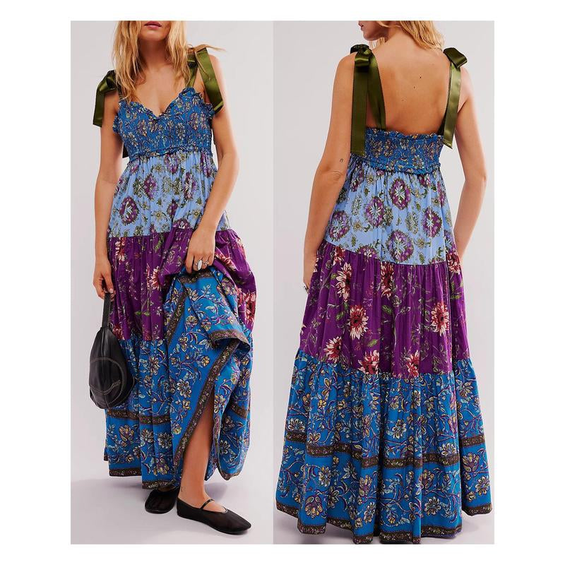 Women Cami Dress Floral Print Tie-Up Shoulder Straps Sleeveless Dress Long Dress Summer Big Swing A-Line Dress