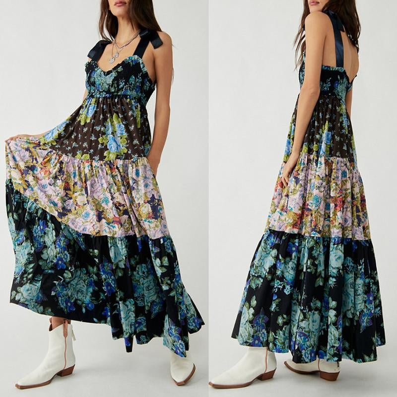 Women Cami Dress Floral Print Tie-Up Shoulder Straps Sleeveless Dress Long Dress Summer Big Swing A-Line Dress