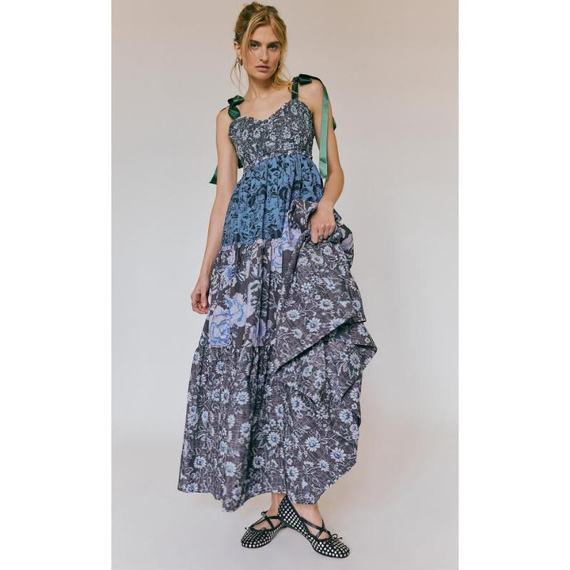 Women Cami Dress Floral Print Tie-Up Shoulder Straps Sleeveless Dress Long Dress Summer Big Swing A-Line Dress