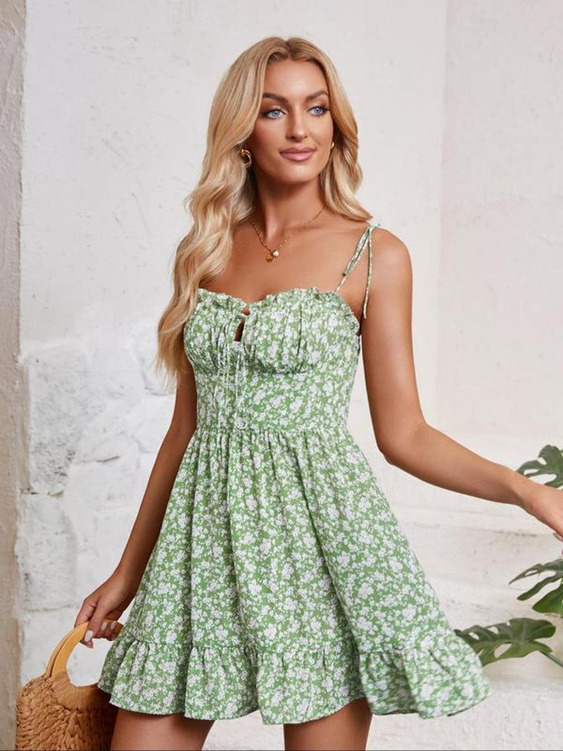 Women'S Ditsy Floral Print Square Neck Cami Dress, Chic Elegant Fashion Casual Tie Shoulder Dress for Daily Outdoor Wear, Dresses for Women, Ladies Dress for All Seasons, Slip Dress, Summer Clothes