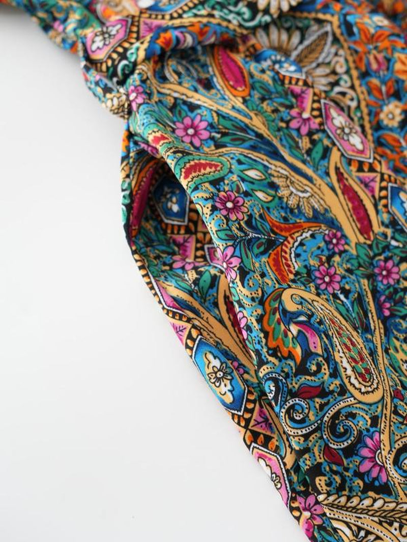 【Plus Size】 Ethnic Paisley Print Belted Dress, Boho Notched Neck Short Sleeve Dress for Beach Holiday Vacation, Women'S Clothes for Summer, Summer Dresses