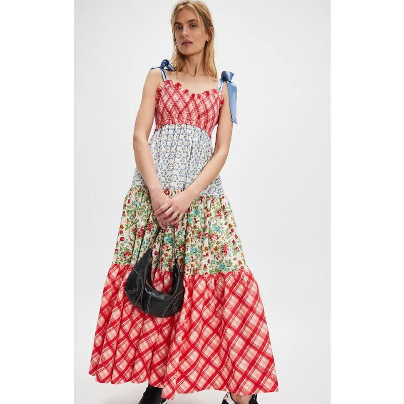 Women Cami Dress Floral Print Tie-Up Shoulder Straps Sleeveless Dress Long Dress Summer Big Swing A-Line Dress