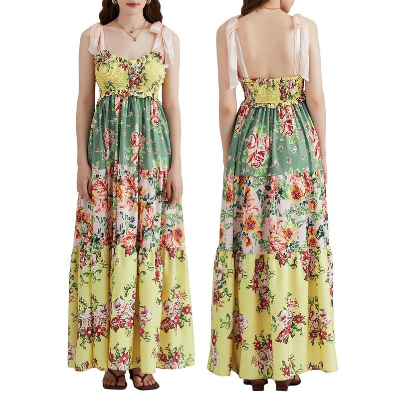 Women Cami Dress Floral Print Tie-Up Shoulder Straps Sleeveless Dress Long Dress Summer Big Swing A-Line Dress