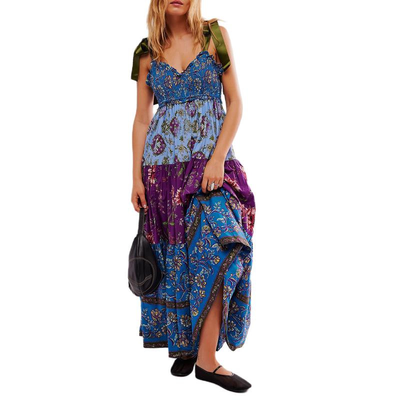 Women Cami Dress Floral Print Tie-Up Shoulder Straps Sleeveless Dress Long Dress Summer Big Swing A-Line Dress