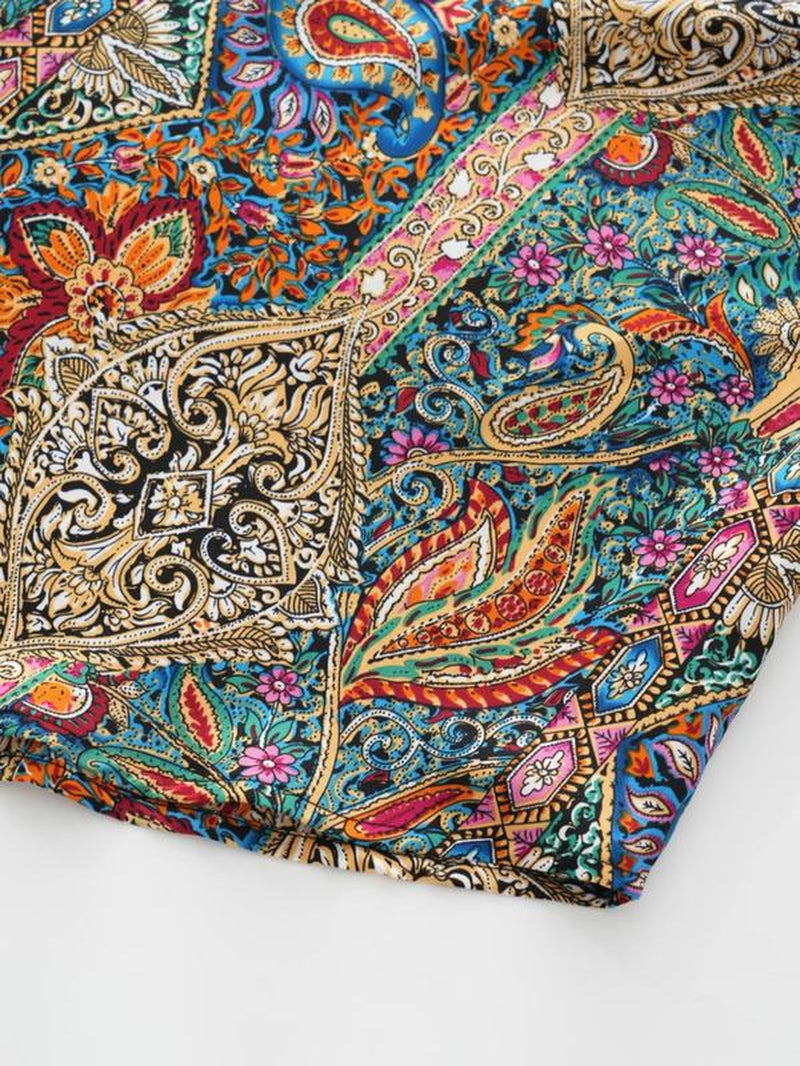 【Plus Size】 Ethnic Paisley Print Belted Dress, Boho Notched Neck Short Sleeve Dress for Beach Holiday Vacation, Women'S Clothes for Summer, Summer Dresses