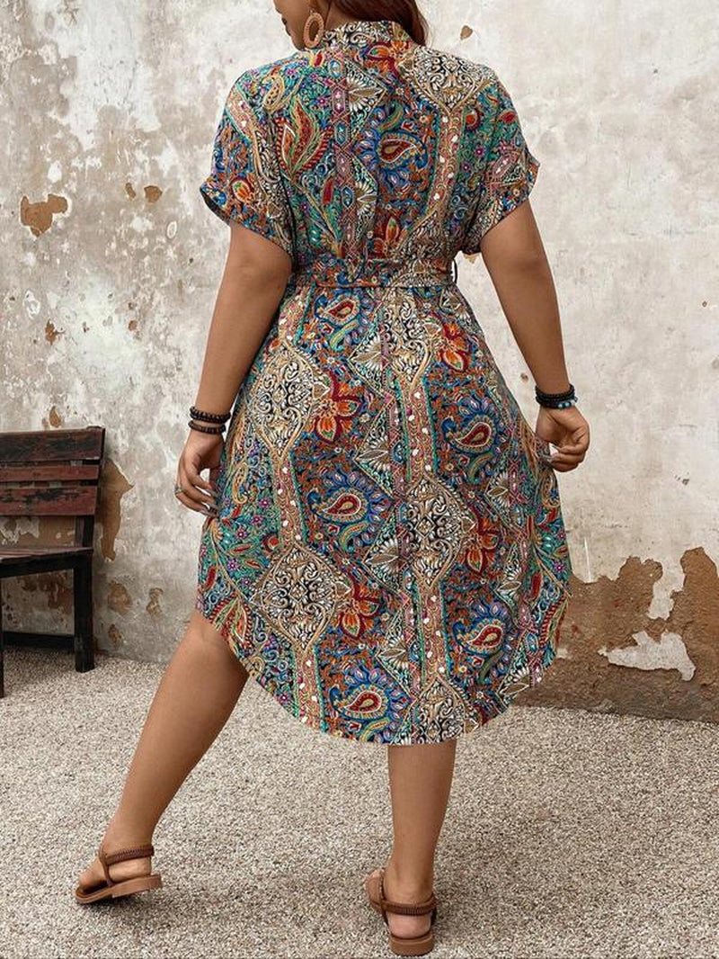 【Plus Size】 Ethnic Paisley Print Belted Dress, Boho Notched Neck Short Sleeve Dress for Beach Holiday Vacation, Women'S Clothes for Summer, Summer Dresses