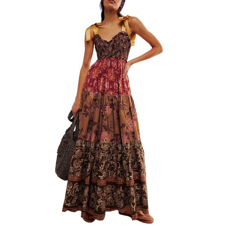 Women Cami Dress Floral Print Tie-Up Shoulder Straps Sleeveless Dress Long Dress Summer Big Swing A-Line Dress
