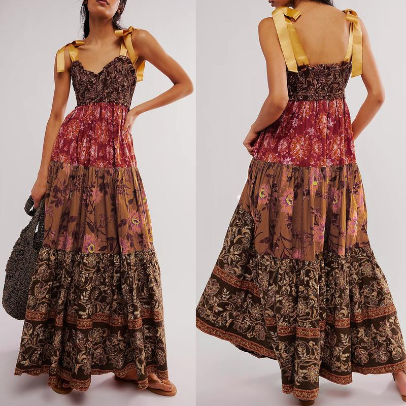 Women Cami Dress Floral Print Tie-Up Shoulder Straps Sleeveless Dress Long Dress Summer Big Swing A-Line Dress