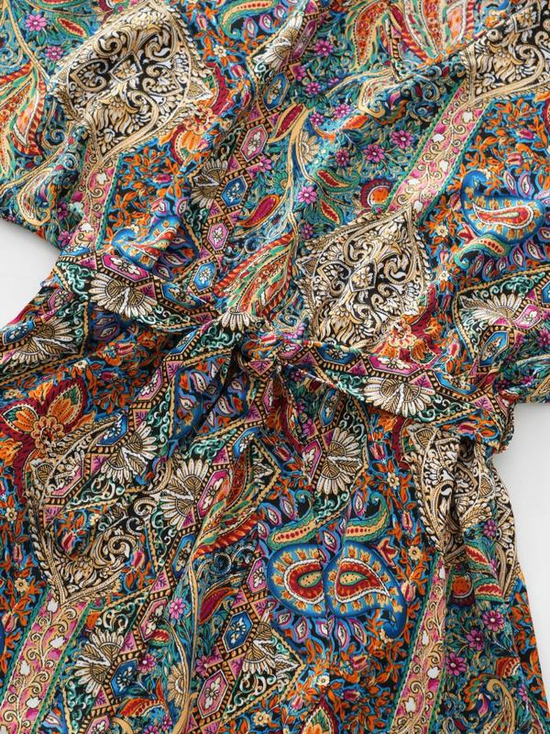 【Plus Size】 Ethnic Paisley Print Belted Dress, Boho Notched Neck Short Sleeve Dress for Beach Holiday Vacation, Women'S Clothes for Summer, Summer Dresses