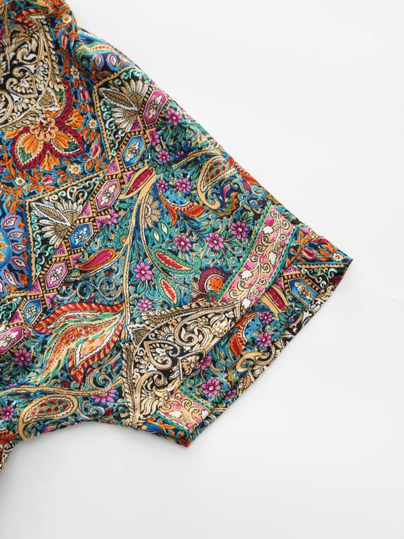 【Plus Size】 Ethnic Paisley Print Belted Dress, Boho Notched Neck Short Sleeve Dress for Beach Holiday Vacation, Women'S Clothes for Summer, Summer Dresses