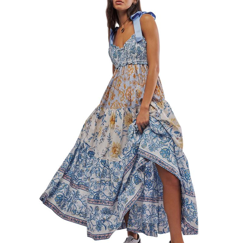 Women Cami Dress Floral Print Tie-Up Shoulder Straps Sleeveless Dress Long Dress Summer Big Swing A-Line Dress
