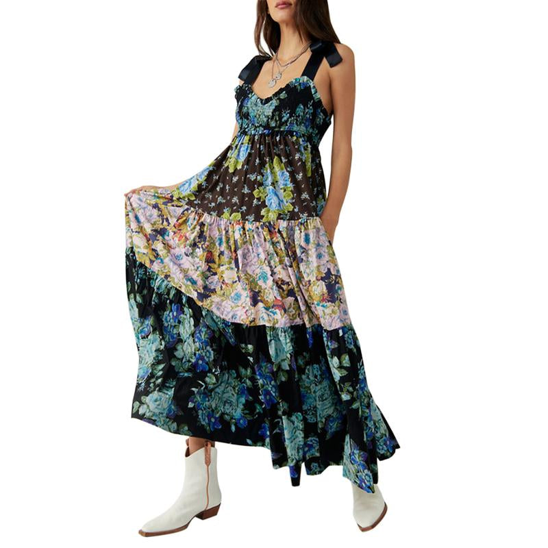 Women Cami Dress Floral Print Tie-Up Shoulder Straps Sleeveless Dress Long Dress Summer Big Swing A-Line Dress