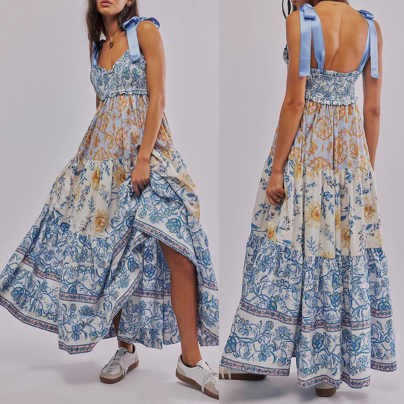 Women Cami Dress Floral Print Tie-Up Shoulder Straps Sleeveless Dress Long Dress Summer Big Swing A-Line Dress