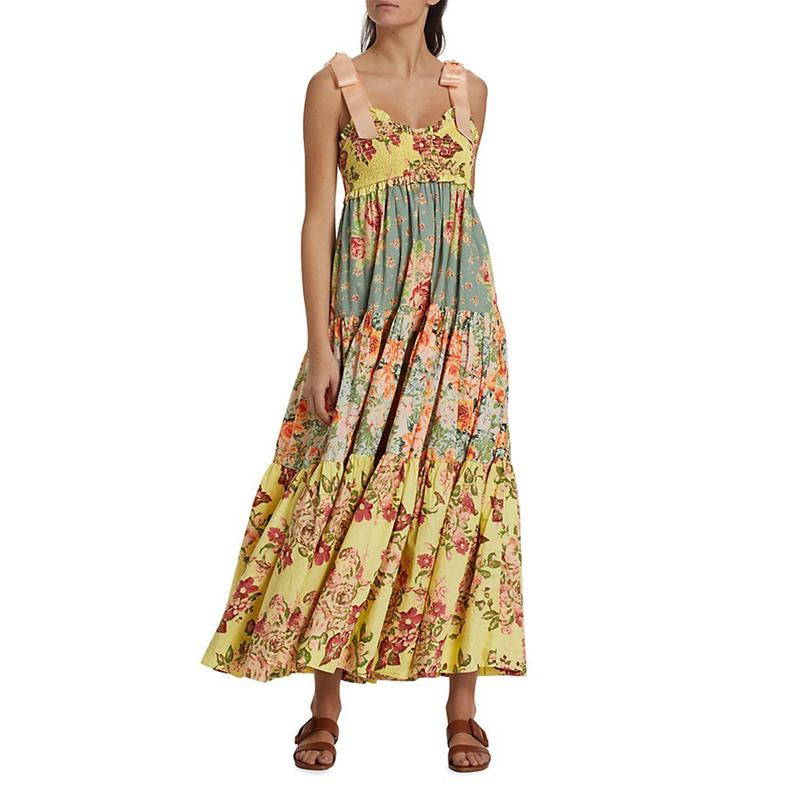 Women Cami Dress Floral Print Tie-Up Shoulder Straps Sleeveless Dress Long Dress Summer Big Swing A-Line Dress