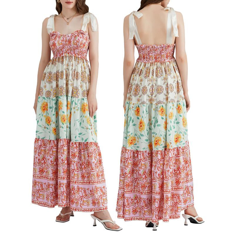 Women Cami Dress Floral Print Tie-Up Shoulder Straps Sleeveless Dress Long Dress Summer Big Swing A-Line Dress