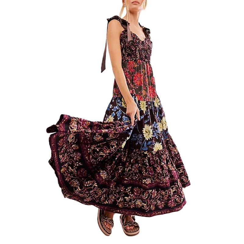 Women Cami Dress Floral Print Tie-Up Shoulder Straps Sleeveless Dress Long Dress Summer Big Swing A-Line Dress