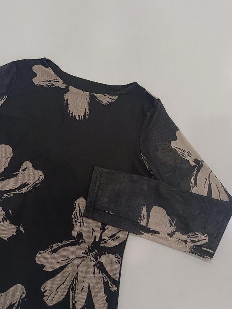 Women'S Floral Print Mesh Dress, Elegant Long Sleeve Dress for Party Holiday Wedding Guest, Ladies Spring & Fall Clothes