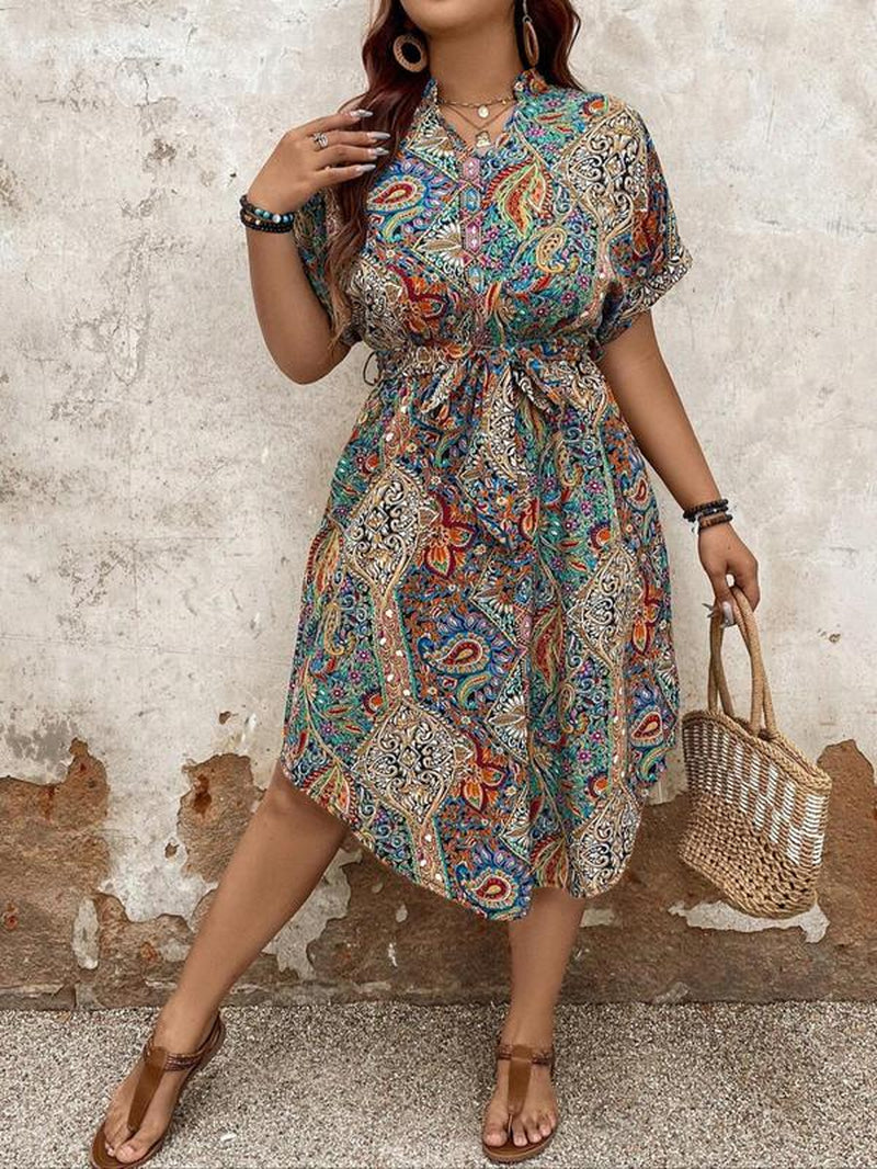 【Plus Size】 Ethnic Paisley Print Belted Dress, Boho Notched Neck Short Sleeve Dress for Beach Holiday Vacation, Women'S Clothes for Summer, Summer Dresses