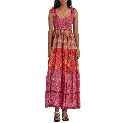Women Cami Dress Floral Print Tie-Up Shoulder Straps Sleeveless Dress Long Dress Summer Big Swing A-Line Dress