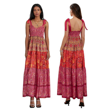 Women Cami Dress Floral Print Tie-Up Shoulder Straps Sleeveless Dress Long Dress Summer Big Swing A-Line Dress