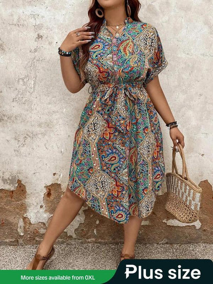 【Plus Size】 Ethnic Paisley Print Belted Dress, Boho Notched Neck Short Sleeve Dress for Beach Holiday Vacation, Women'S Clothes for Summer, Summer Dresses
