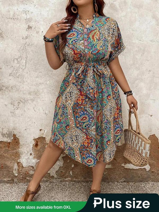 【Plus Size】 Ethnic Paisley Print Belted Dress, Boho Notched Neck Short Sleeve Dress for Beach Holiday Vacation, Women'S Clothes for Summer, Summer Dresses