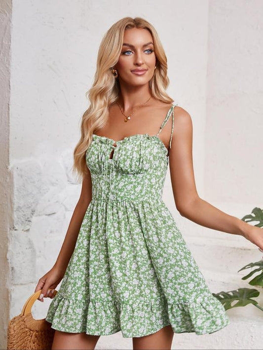 Women'S Ditsy Floral Print Square Neck Cami Dress, Chic Elegant Fashion Casual Tie Shoulder Dress for Daily Outdoor Wear, Dresses for Women, Ladies Dress for All Seasons, Slip Dress, Summer Clothes