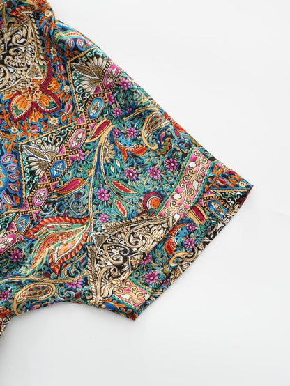 【Plus Size】 Ethnic Paisley Print Belted Dress, Boho Notched Neck Short Sleeve Dress for Beach Holiday Vacation, Women'S Clothes for Summer, Summer Dresses