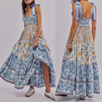 Women Cami Dress Floral Print Tie-Up Shoulder Straps Sleeveless Dress Long Dress Summer Big Swing A-Line Dress