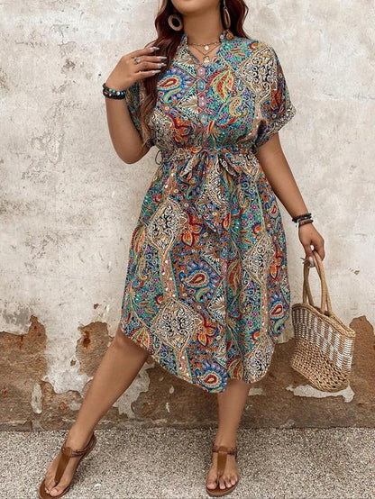 【Plus Size】 Ethnic Paisley Print Belted Dress, Boho Notched Neck Short Sleeve Dress for Beach Holiday Vacation, Women'S Clothes for Summer, Summer Dresses